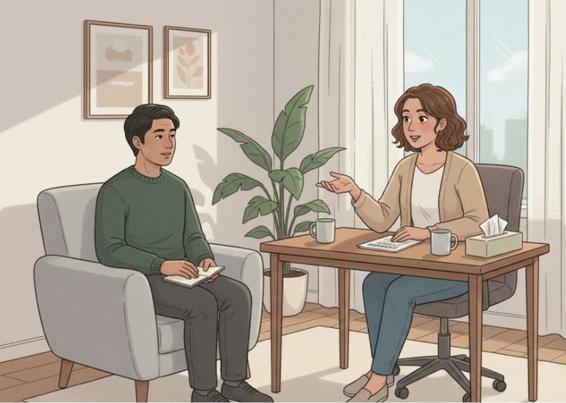A therapist and client in a consultation session with a notepad and documents on the table.