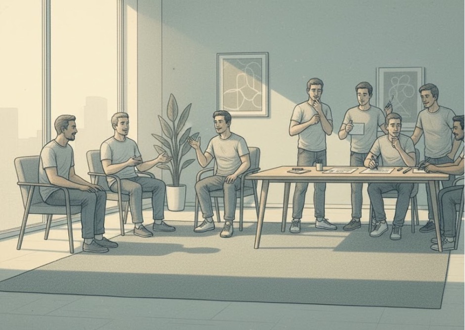 A men's support group therapy session with participants seated in a circle, discussing openly.