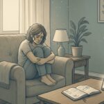 A distressed woman sitting alone on a couch, hugging her knees.