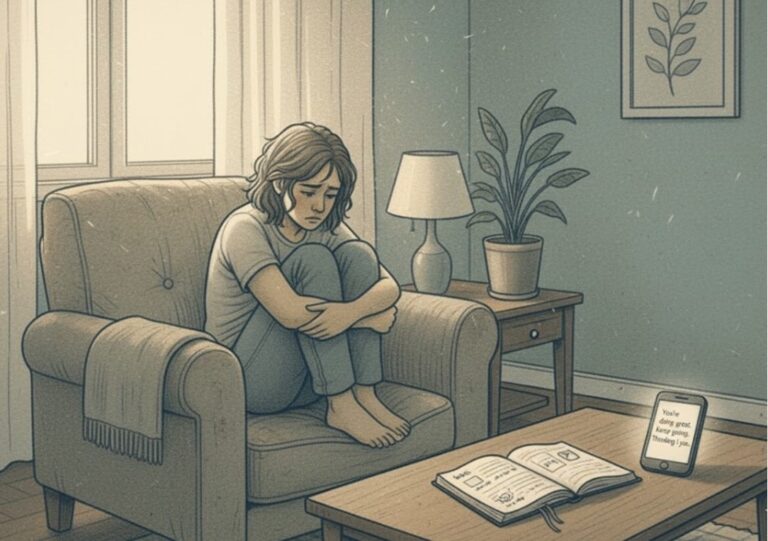 A distressed woman sitting alone on a couch, hugging her knees.