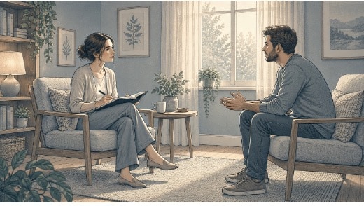 Therapist taking notes during a one-on-one dual diagnosis session addressing a man's co-occurring depression and substance use. 