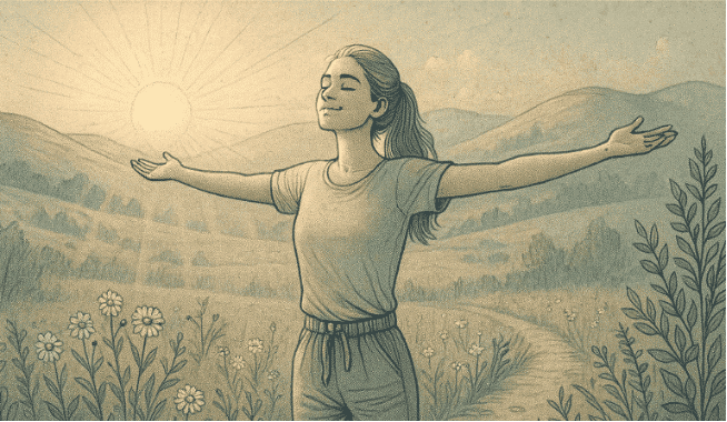 An illustration of a person standing peacefully in nature with arms outstretched, surrounded by warm sunlight and gentle colors, representing mental wellness and happiness.
