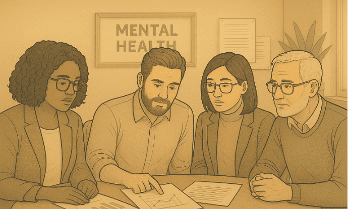 Four diverse professionals sitting at a table reviewing documents.