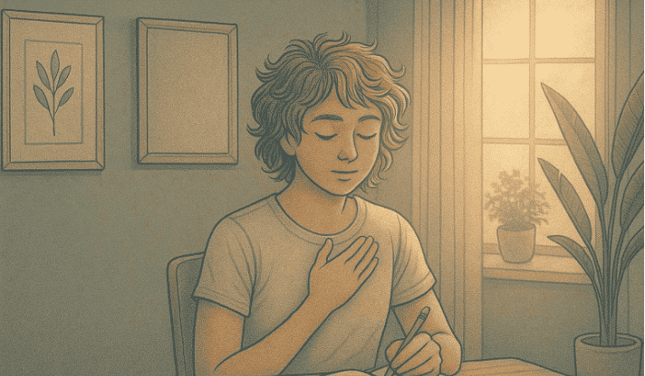 Person with eyes closed, hand on chest, practicing mindfulness while journaling.