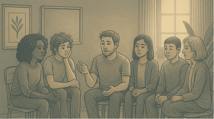 A Group of six people sitting in a circle formation during a therapy session