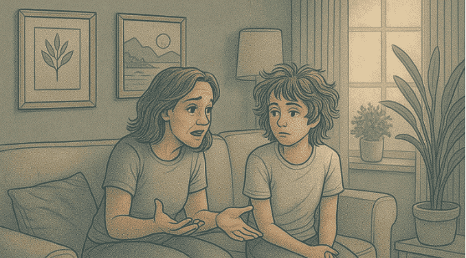 A conversation between a mother and her son where the mother looks irritated.