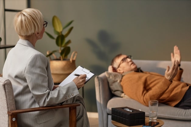 psychologist and patient at a mental health therapy appointment.