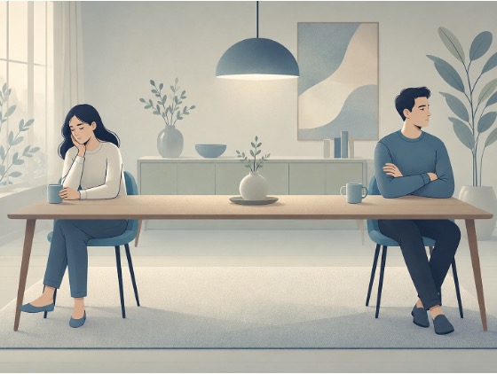Illustration of two people sitting far apart at a wooden table, showing emotional distance and relationship strain.