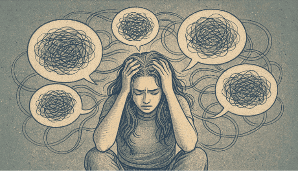 An illustration of a woman holding her head, surrounded by chaotic scribble thought bubbles.