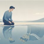 Illustration of a person kneeling beside a calm pool, seeing a crowned, idealized version of themselves in the reflection.