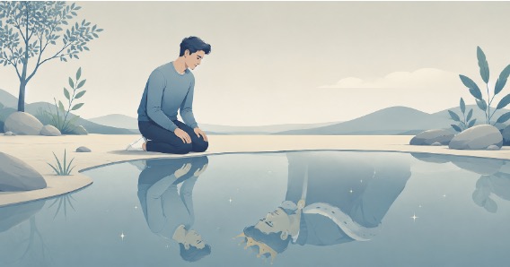 Illustration of a person kneeling beside a calm pool, seeing a crowned, idealized version of themselves in the reflection.