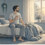 Man sitting on his bed at sunrise practicing slow breathing to calm the overlapping symptoms of anxiety and depression.