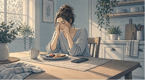 Woman sitting alone at her kitchen table rubbing her eyes beside an untouched breakfast, showing the fatigue and withdrawal shared by anxiety and depression. 