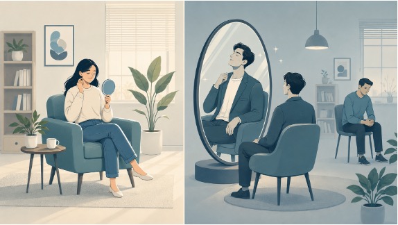 Illustration comparing everyday narcissistic traits with Narcissistic Personality Disorder through self-reflection, idealized self-image, and social distance.