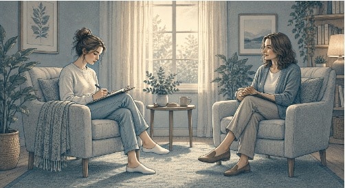 Therapist taking notes as a client describes constant worry and low mood during a therapy session for co-occurring anxiety and depression. 