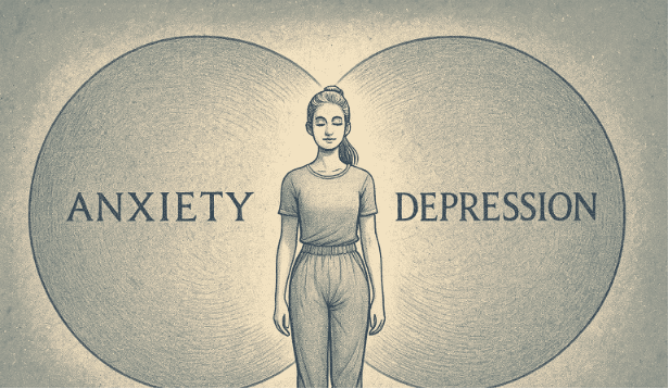 An illustration showing two overlapping circles representing the relationship between anxiety and depression, with a person standing peacefully in the center, symbolizing understanding and balance between these conditions.
