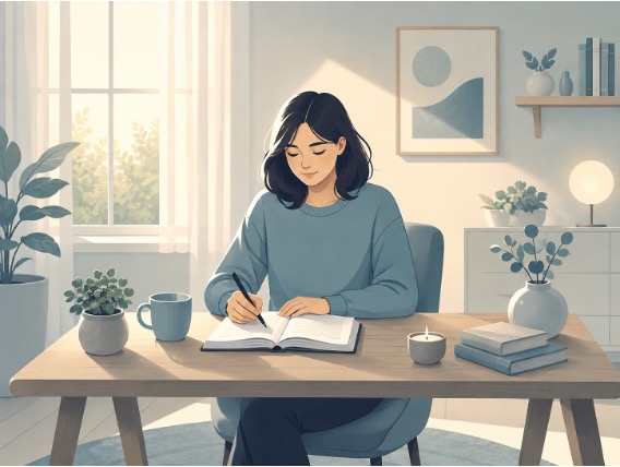 Illustration of a person journaling at a wooden desk in soft morning light, symbolizing self-reflection and emotional growth. 