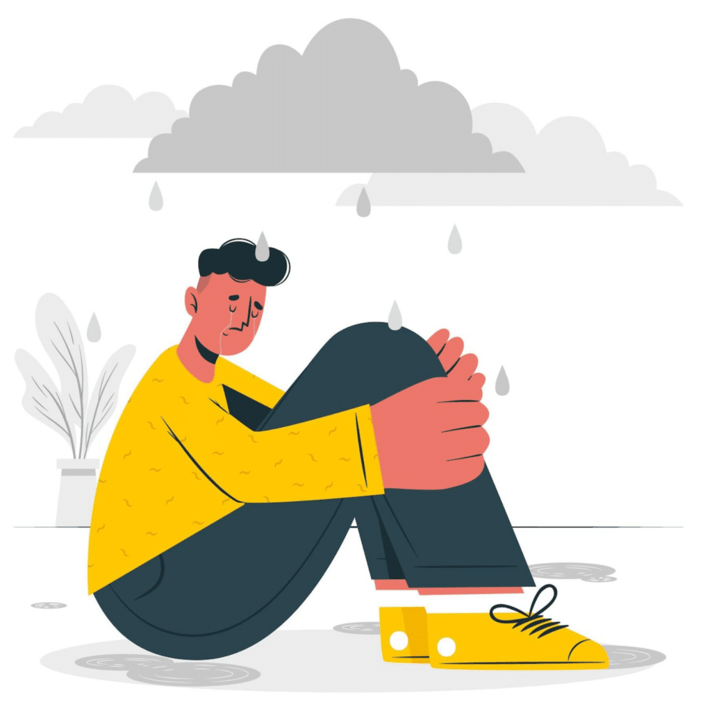 An illustration of a man sitting on the floor with rain clouds overhead.