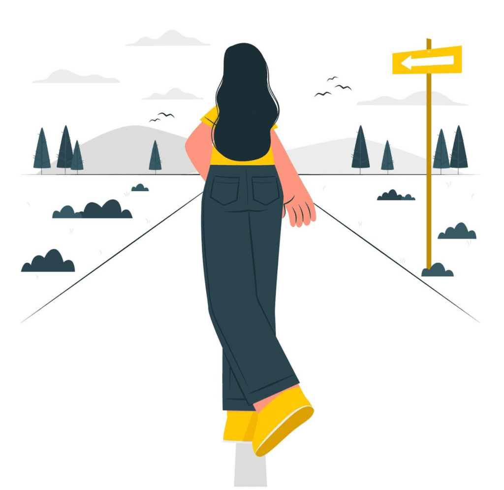 Illustration of a woman standing at a forked road, symbolizing decision-making.