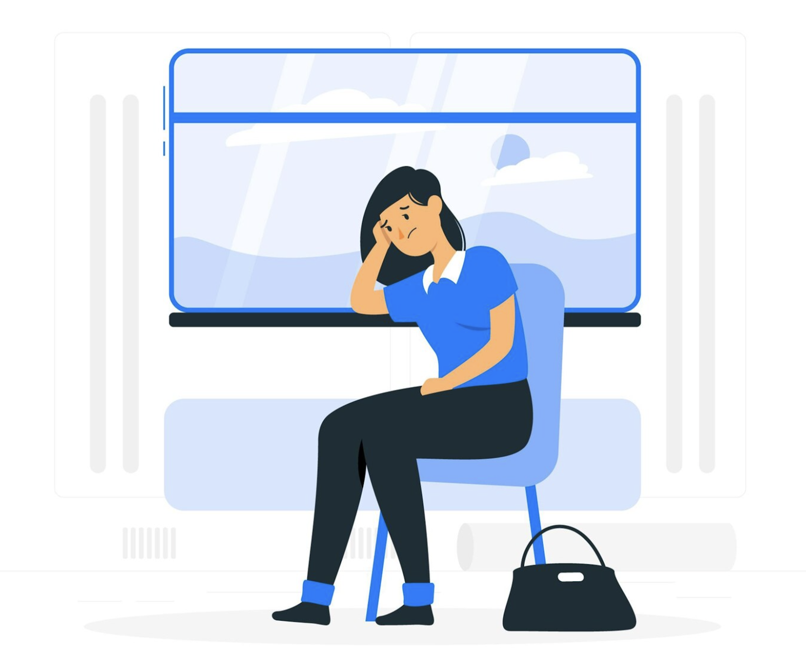 An illustration of a sad woman sitting on a train, resting her head on her hand while gazing downward, with a serene landscape visible through the train window in the background.