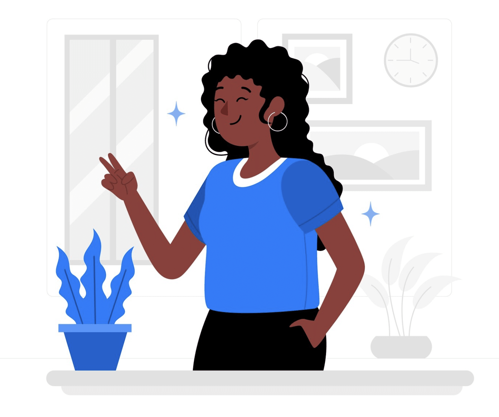 An illustration of a cheerful woman standing confidently with one hand in her pocket and the other making a peace sign. She is surrounded by a calming indoor setting with plants and framed artwork, symbolizing a stabilized and positive mood.