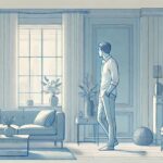 A person standing in a quiet apartment, gazing out of a window.