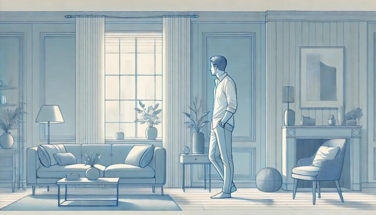 A person standing in a quiet apartment, gazing out of a window.