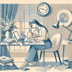 An illustration of a woman sitting at a desk, looking stressed, in need of anxiety testing near me