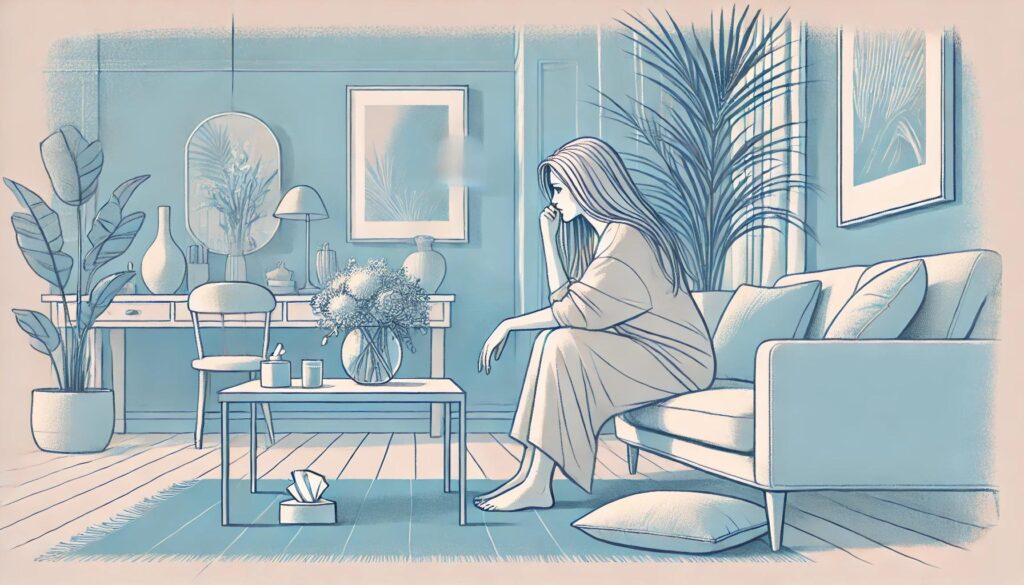 An illustration of an emotional woman sitting alone.