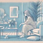 An illustration of an emotional woman sitting alone.