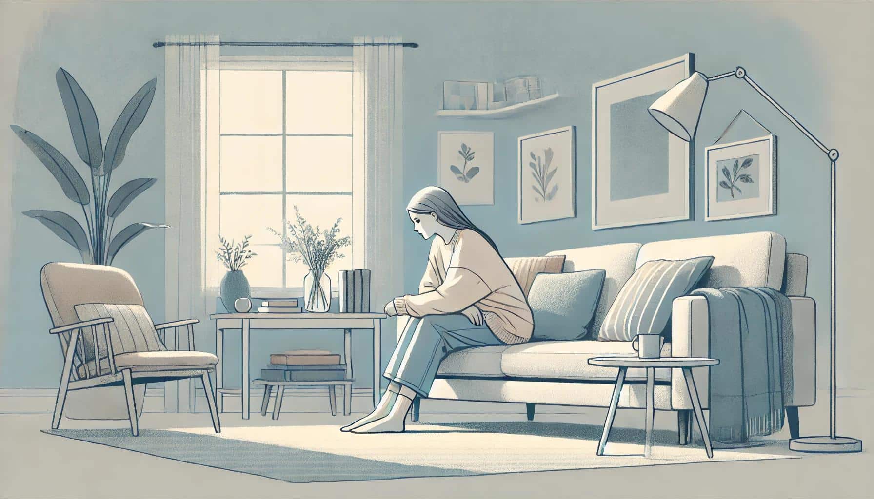 An illustration of a woman sitting alone.