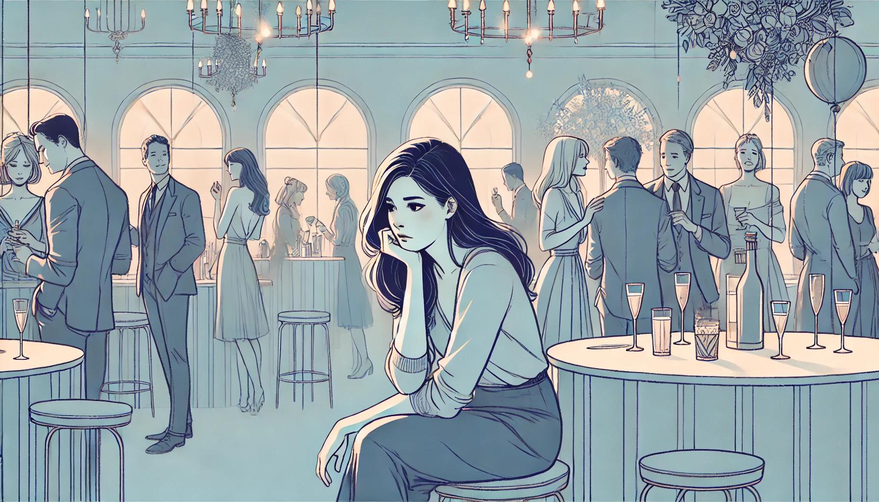 An illustration of a woman sitting alone at a gathering.