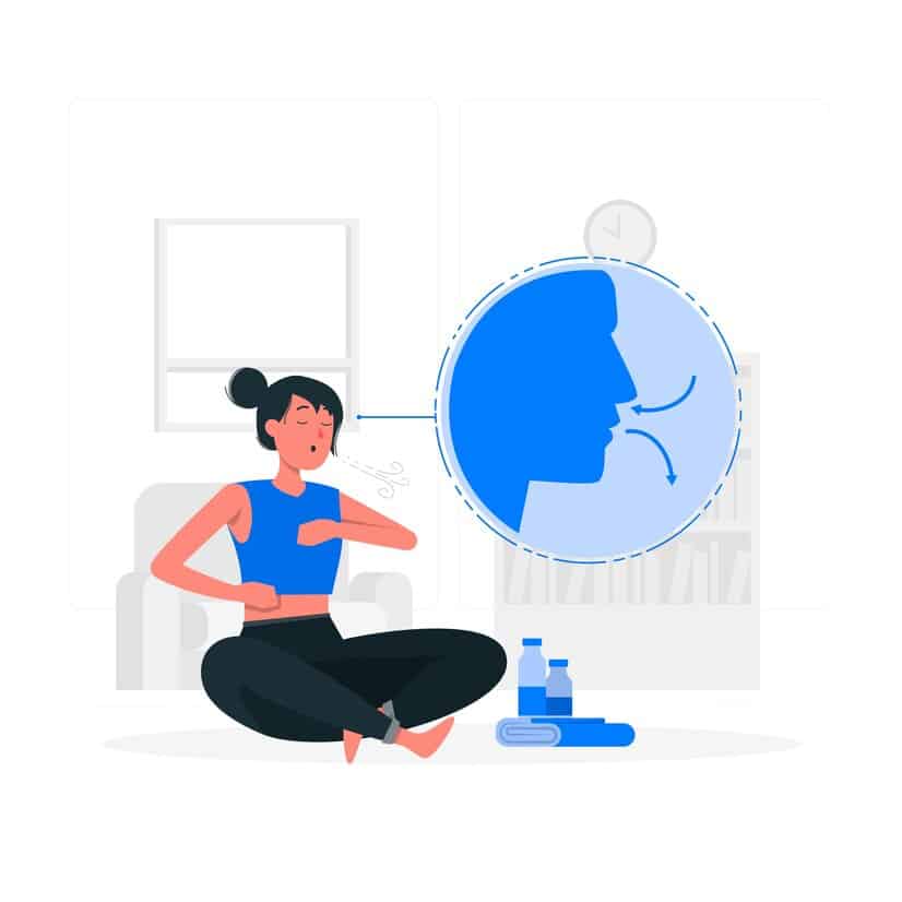 An illustration of a woman practicing breathing exercises. 