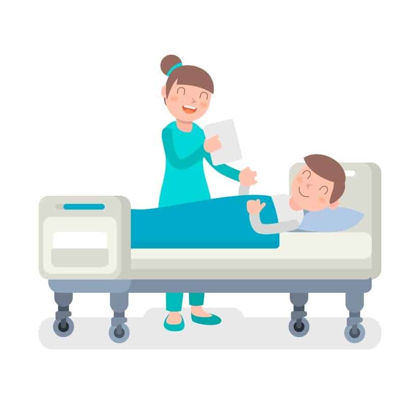 Illustration of a patient in a hospital bed with a medical professional beside him.