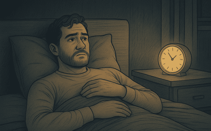 Worried man lying awake in bed at night.