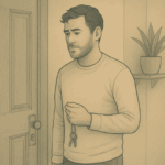 An anxious man holding keys while hesitating at the doorway