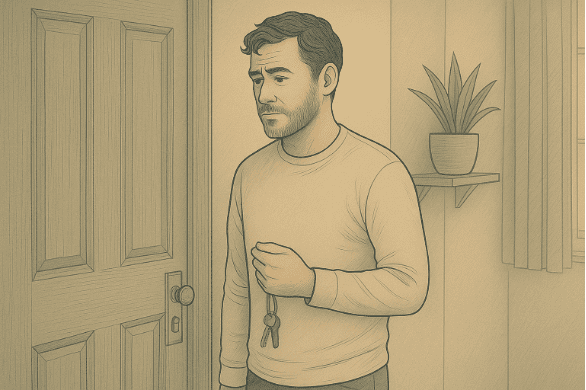 An anxious man holding keys while hesitating at the doorway, exhibiting signs of anxiety