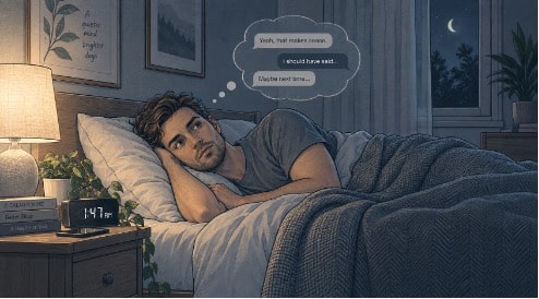 Man lying awake at night replaying conversations, a common sign of persistent anxious worry. 