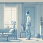 A person standing in a quiet apartment, gazing out of a window.