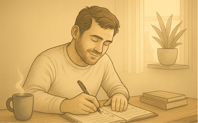 Content man journaling at desk with coffee and books.