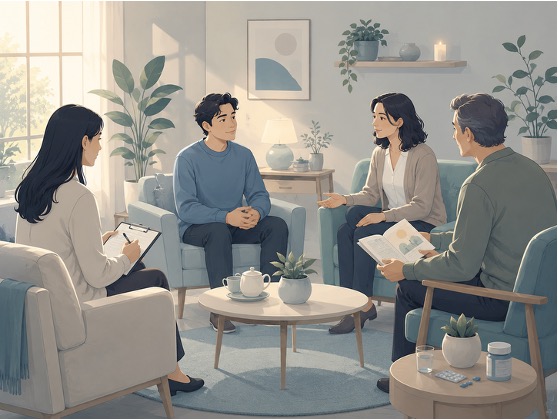 Illustration of a mental health treatment session with psychiatric care, therapy, medication support, and family psychoeducation. 