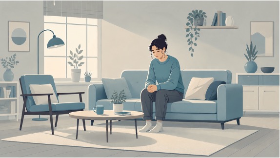 Illustration of a person sitting alone in a quiet living room, showing the emotional strain linked to schizoaffective disorder. 