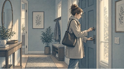 Woman checking her front door lock before leaving, an example of compulsive checking linked to anxiety. 