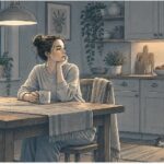 Woman lost in thought at her kitchen table, reflecting on whether her constant worry could be a sign of anxiety.