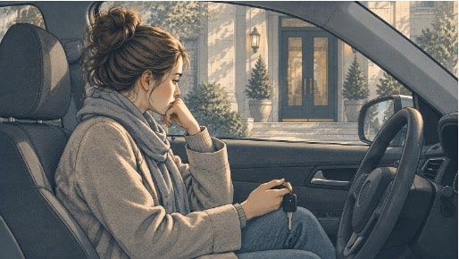 Person staying in their parked car instead of going inside, showing how anxiety leads to avoidance