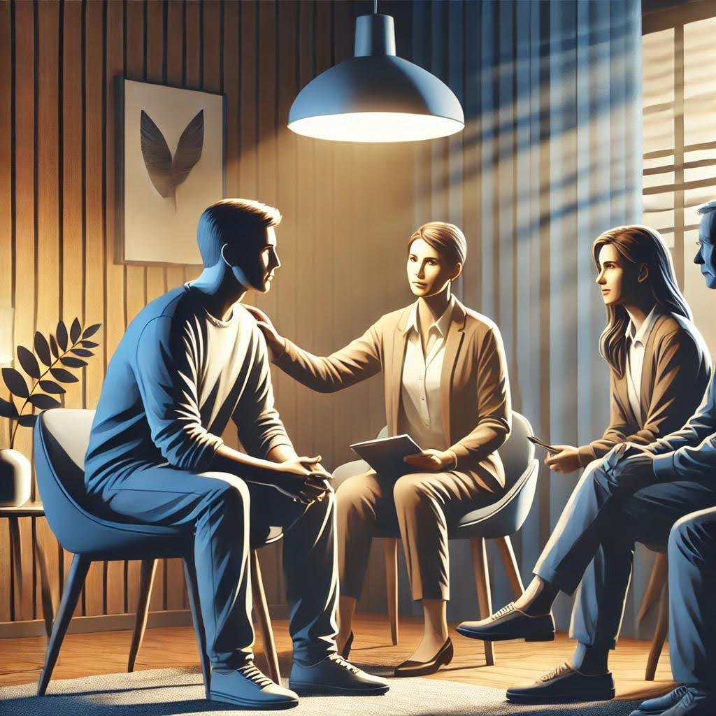 An illustration of a person undergoing therapy, sitting with a therapist and family members in a room.