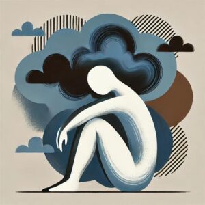 An illustration of a person sitting with a downcast expression and abstract dark clouds above them