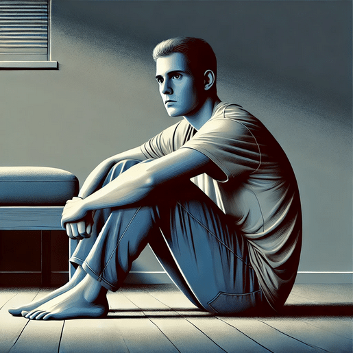 An illustration of a person sitting alone in a dimly lit room.