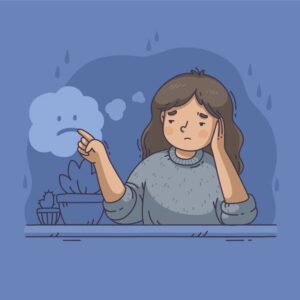 Illustration of a thoughtful woman pointing to a sad thought bubble.