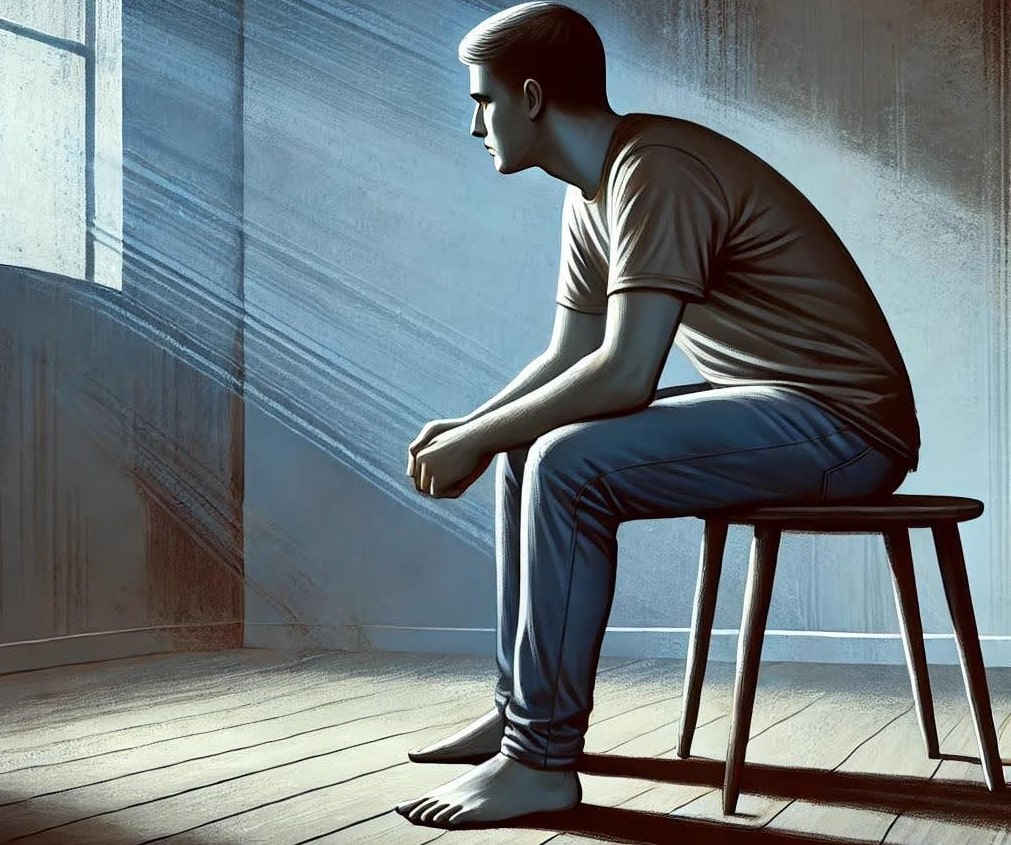 An illustration of a person sitting alone in a dimly lit room.